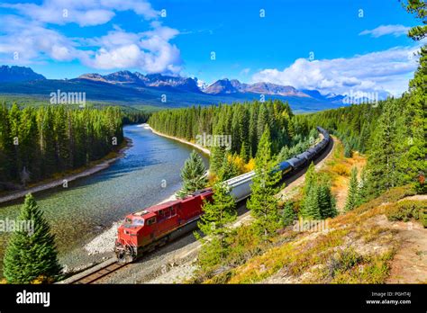 Train passing famous Morant's curve at Bow Valley in autumn ,Banff ...