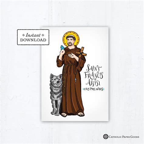 Saint Francis of Assisi Card - Art Print - Instant Download - DIY Downloadable PDF 5x7 Catholic ...