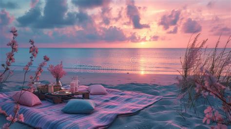 Sea Picnic Experience, Set Up an Outside Table at Sunset on the Beach, in the Style of Pink and ...