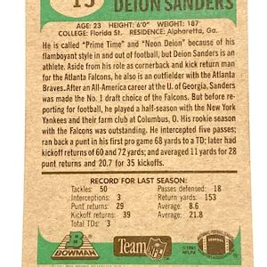 Authentic Deion Sanders Card NFL Football 1991 Bowman Number 15 Card ...