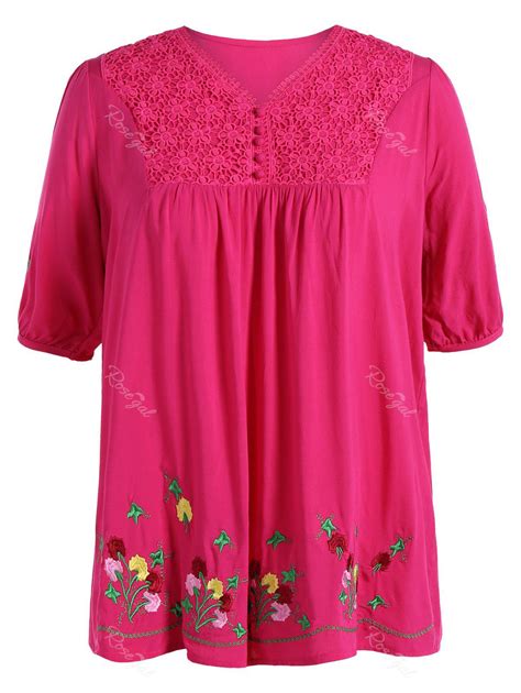 [11% OFF] Plus Size V Neck Flower Mexican Embroidered Blouse | Rosegal