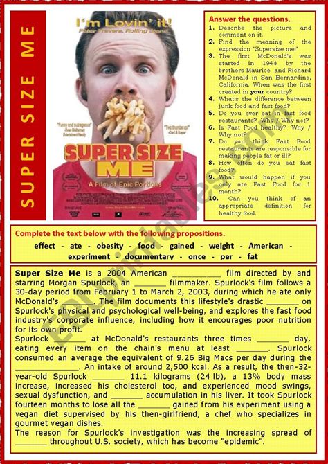 Super Size Me Video Worksheet - Printable Word Searches