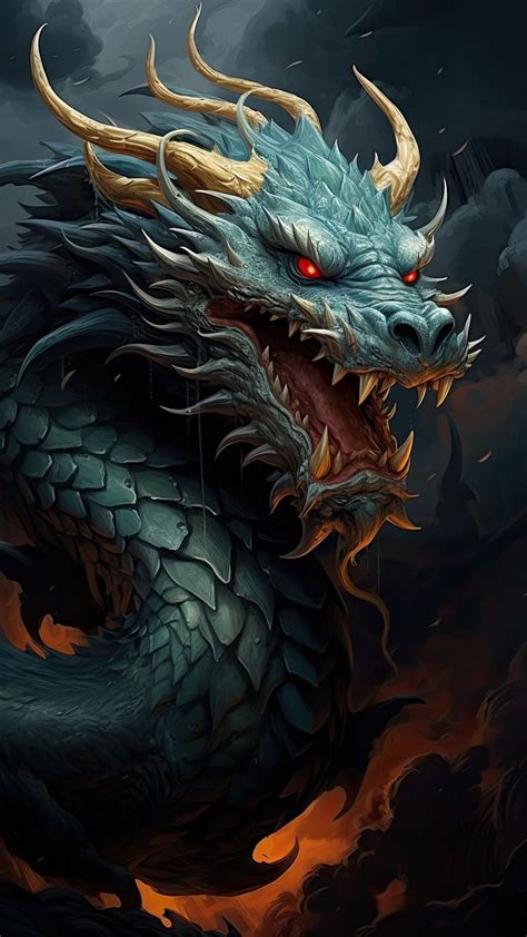 a blue dragon with red eyes and yellow horns on it's head is in the dark