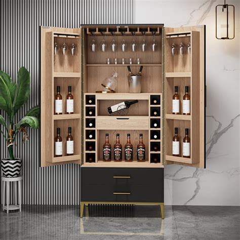 Black Bar Cabinet with Door Modern Storage Home Bar Cabinet with Glass ...