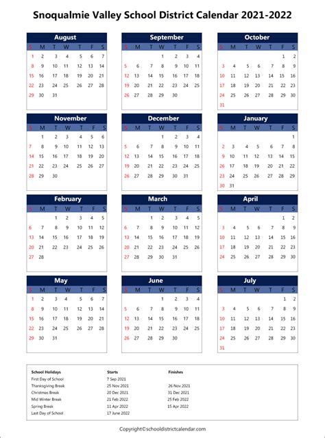 Snoqualmie Valley School District Calendar Holidays 2021-2022