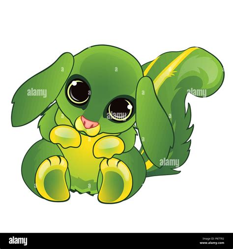 Cute animated cartoon animal green color isolated on white background. Vector cartoon close-up ...