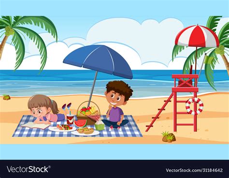 Scene with kids having picnic on beach Royalty Free Vector