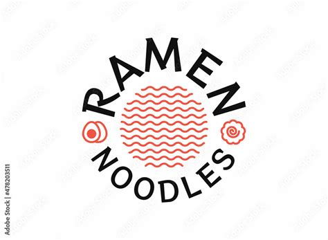 Ramen noodles logo in circle with boiled eggs and narutomaki icon for asian restaurant. Ramen ...