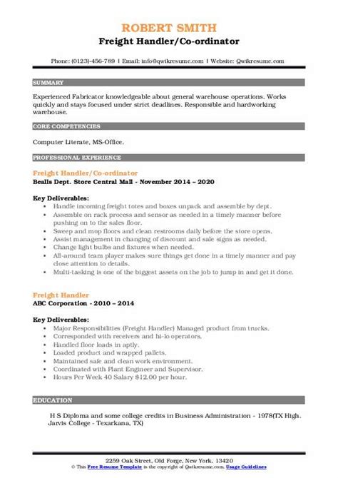 Freight Handler Resume Samples | QwikResume