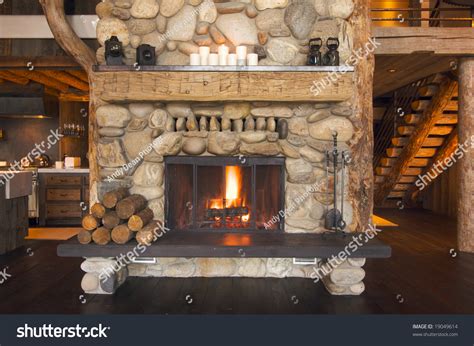 Rustic Fireplace In Log Cabin Stock Photo 19049614 : Shutterstock