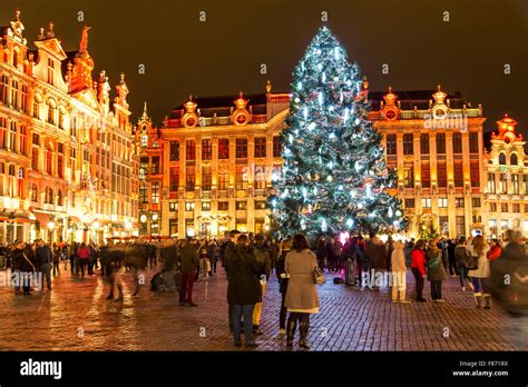 Christmas time in Brussels, Belgium, huge Christmas tree on the Grand ...