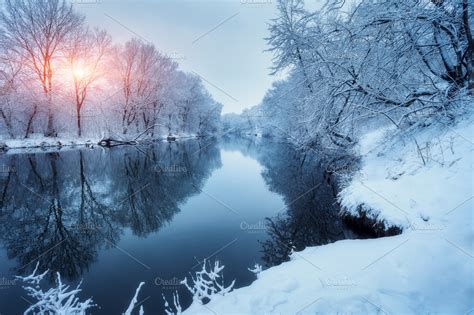 Winter forest on the river at sunset. Colorful landscape with snowy trees ~ Nature Photos ...