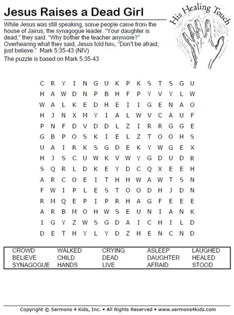 Raising Jairus' Daughter - Word Search | Apartment Ministry | Jairus ...