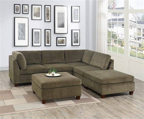 Contemporary Modern Unique Modular 6pc Sectional Sofa Set Tan Color Chenille Fabric Wood Legs 2 ...