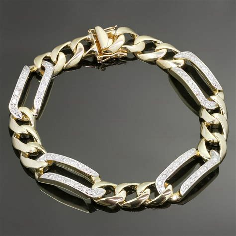 Classic Diamond 14k Yellow Gold Men's Figaro Link Bracelet-M