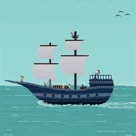 Blue pirate ship - pixel art | Искусство