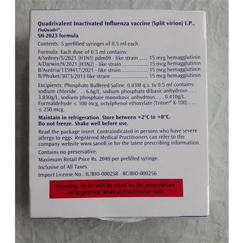 Fluquadri Quadrivalent Inactivated Influenza Vaccine at Rs 2040/box | Bhopal | ID: 2851209022362