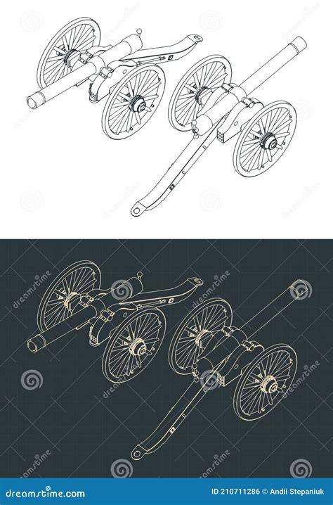 Vintage Artillery Cannon Isometric Drawings Stock Vector - Illustration ...