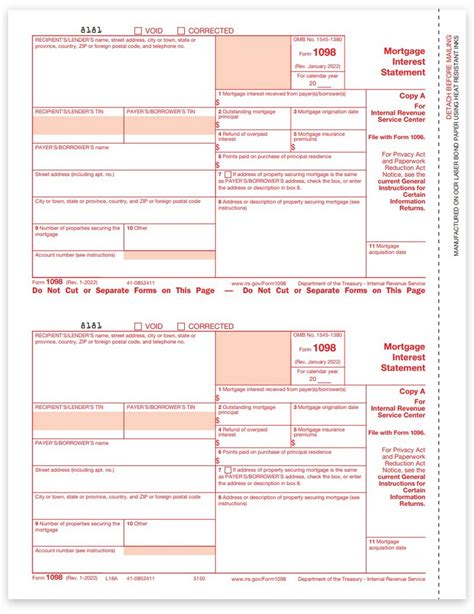 1098 Tax Forms for Mortgage Interest IRS Copy A - DiscountTaxForms