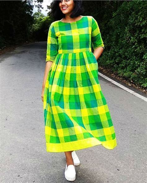 Green and yellow checks cotton dress by Threeness | The Secret Label