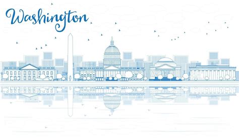 Outline Washington DC Skyline with Blue Buildings and Reflections ...