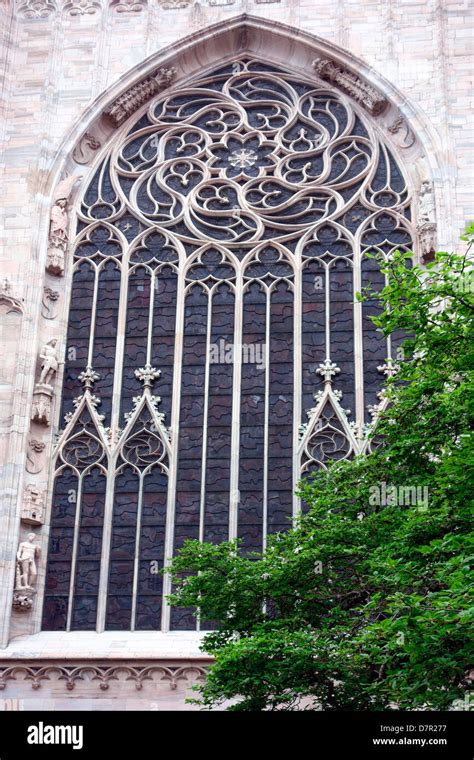 Close up detail of stained glass window at Duomo Di Milano cathedral ...