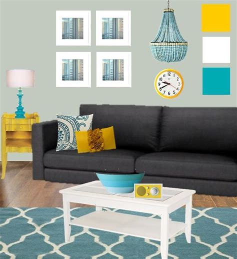 living room moodboard with teal and yellow | Living room turquoise, Grey and yellow living room ...