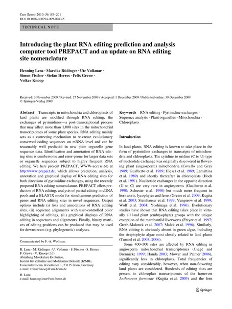 (PDF) Introducing the plant RNA editing prediction and analysis computer tool PREPACT and an ...