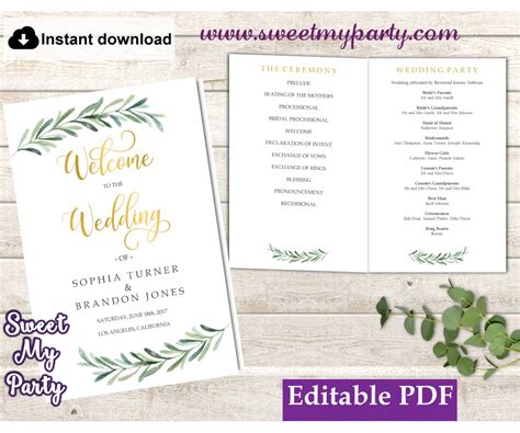 Greenery Wedding Program booklet template|Greenery Wedding Program folded template|Greenery ...