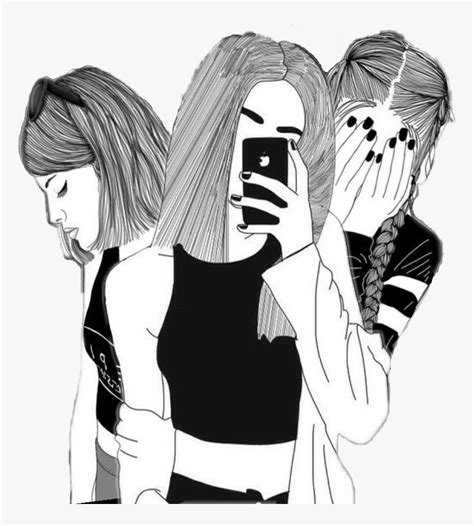 Drawing Sadness Sad Girl Photography Tumblr Black White - Sketch Of 3 Best Friends, HD Png ...