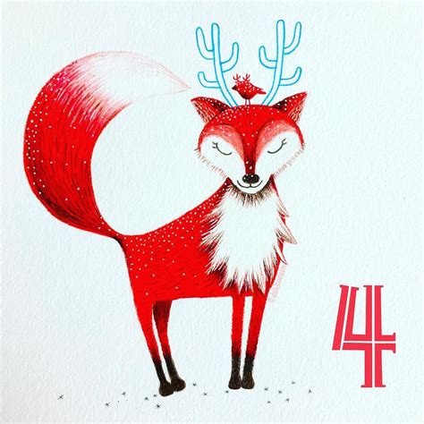 a drawing of a red fox with antlers on its head