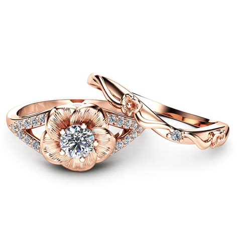 14K Rose Gold Engagement Ring Set Natural Diamond Rings Flower | Etsy