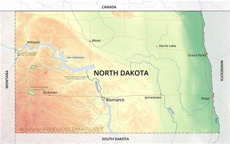 Physical map of North Dakota