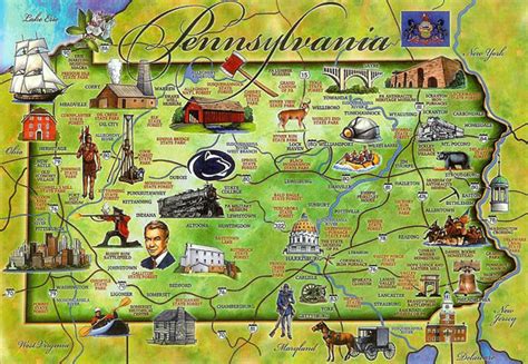 Tourist illustrated map of Pennsylvania state | Vidiani.com | Maps of all countries in one place