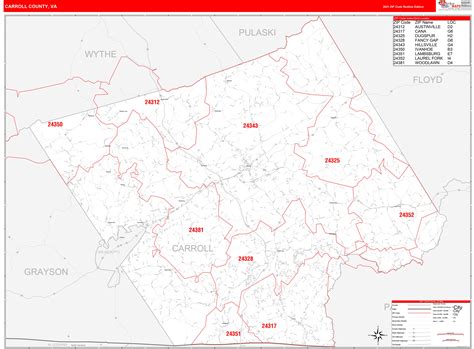 Carroll County, VA Zip Code Wall Map Red Line Style by MarketMAPS ...