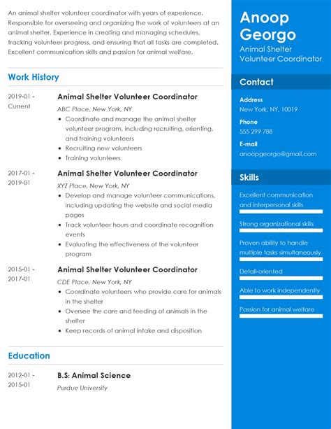 Animal Shelter Volunteer Coordinator Resume Examples