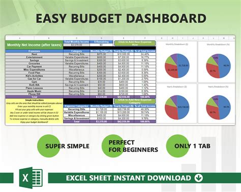 Easy Budget Dashboard for Beginners excel - Etsy