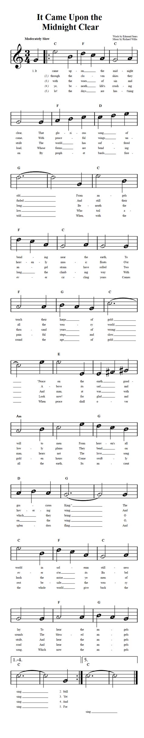 It Came Upon the Midnight Clear: Beginner Sheet Music with Chords and Lyrics