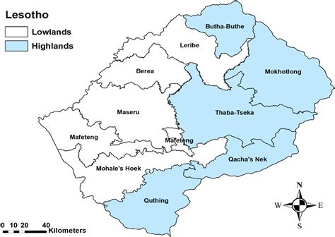 Map showing the ten administrative districts of Lesotho districts and ...