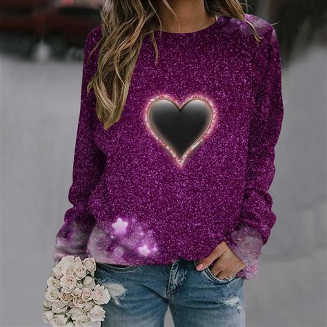 Ladies Women Casual Top Shirt Round Neck Valentine's Day Love Print Top Long | eBay