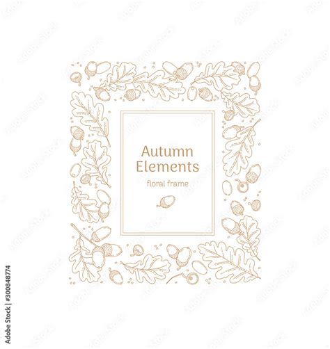 Vector outline frame, border with autumn oak leaves, acorns. Pattern in line art style. Stock ...