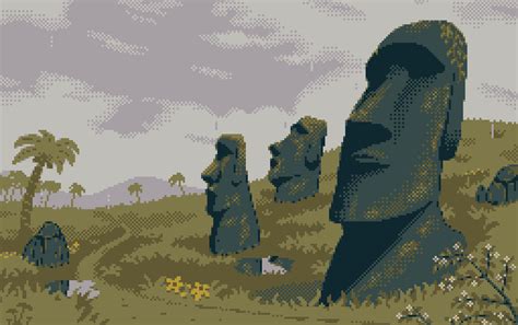 an old pixellated image of several heads in the grass with trees and clouds behind them