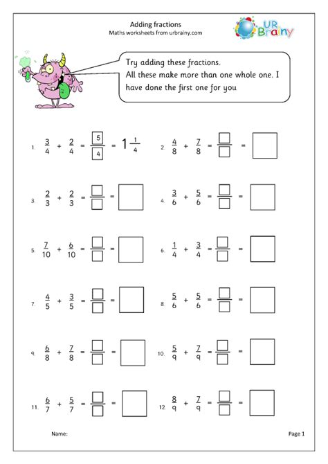 Adding fractions (2) - Fraction and Decimal Worksheets for Year 4 (age 8-9) by URBrainy.com