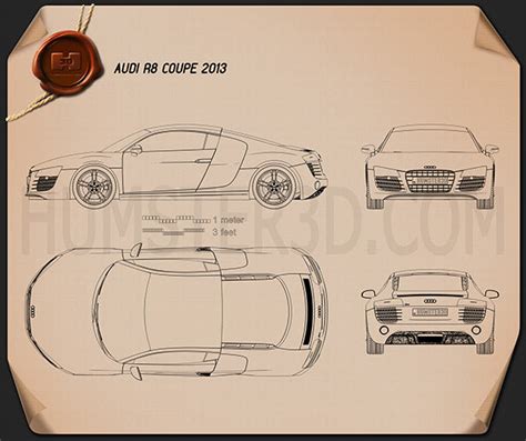 Audi R8 Coupe 2013 Blueprint - Hum3D