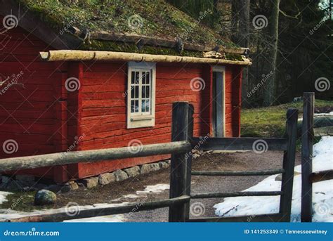 Old Quaint Vintage Wood Cabin in the Forest Painted Red Stock Image ...