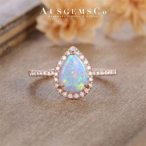 Pear Shaped Opal Engagement Ring Rose Gold Lab Opal Diamond - Etsy