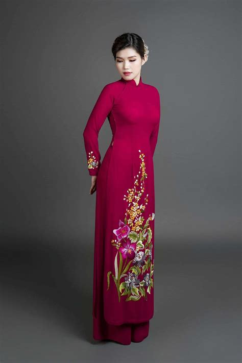 Custom ao dai, Vietnamese traditional dress in burgundy silk with stun - Mark&Vy Ao Dai