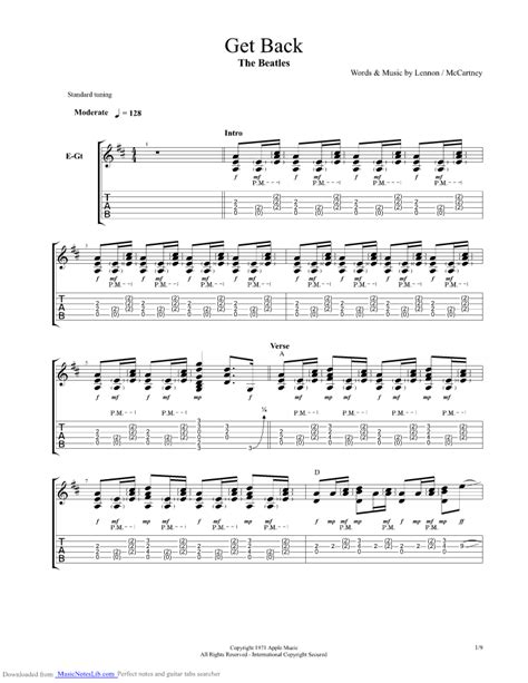 Get back guitar pro tab by Beatles @ musicnoteslib.com