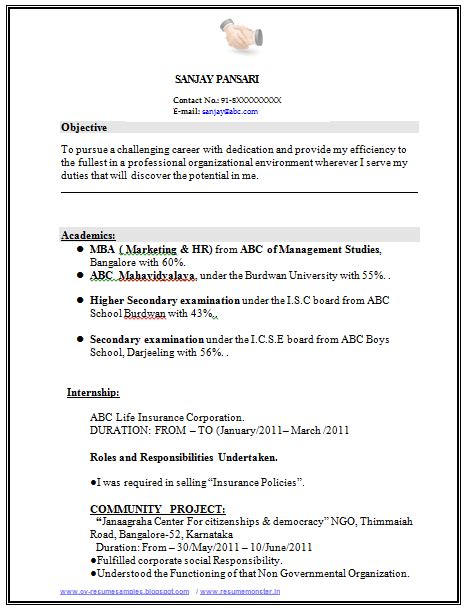 Sample Template of Excellent Fresher or Experience Resume with Career Objective and Job Profile ...