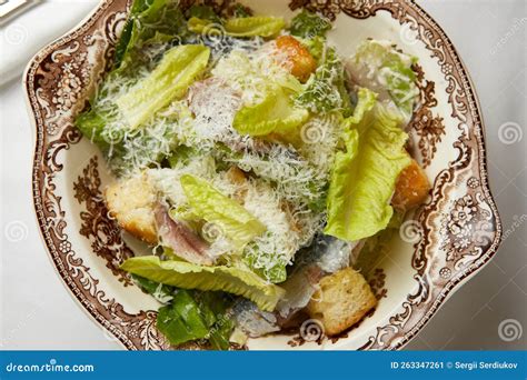 Fresh Caesar Salad with Anchovies on a Beautiful Plate Stock Image - Image of cooking, anchovies ...